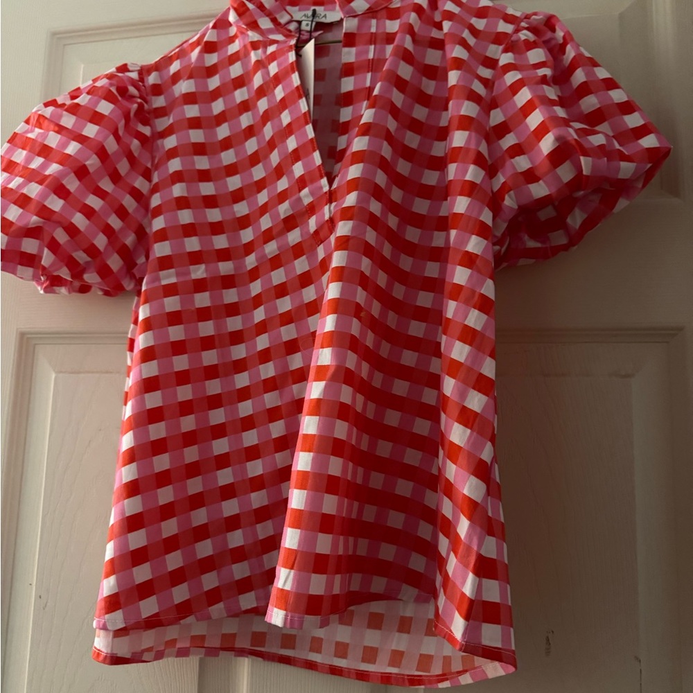 Red and White Boxy Blouse with Mandarin Collar
